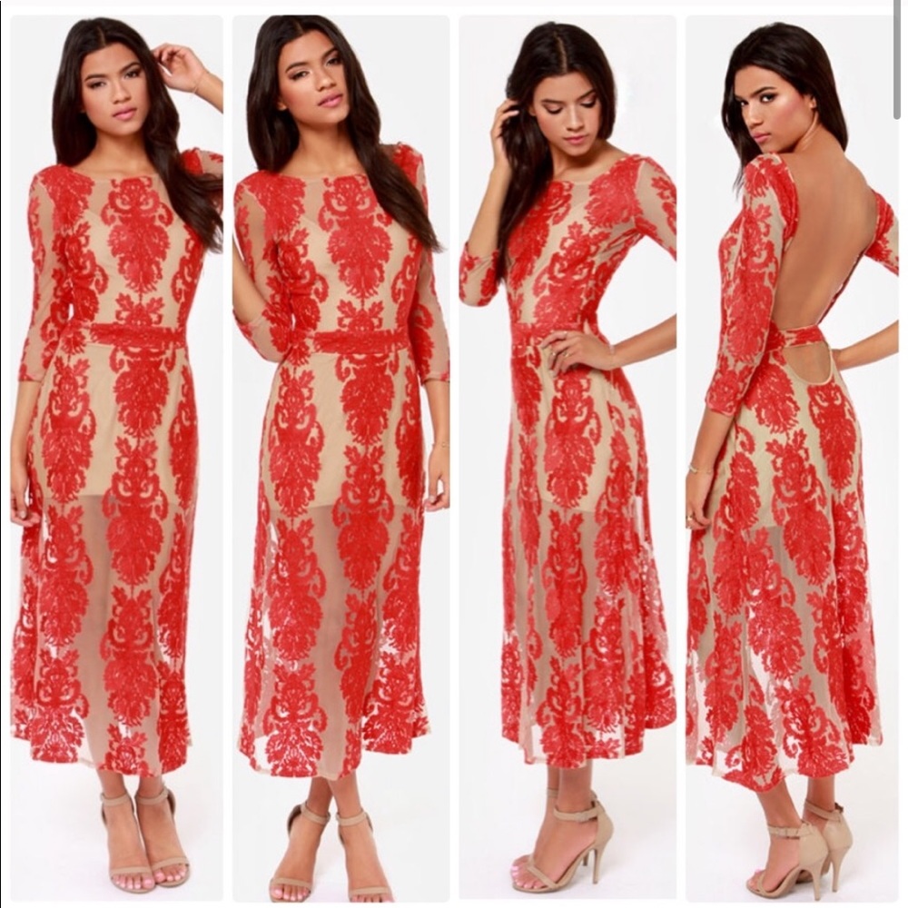 For Love & Lemons Red San Marco Lace Midi Dress S - Picture 5 of 16